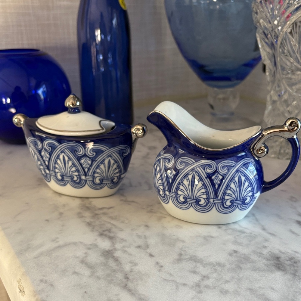 Bombay China Sugar Creamer Set Arabesque Tile Blue White Platinum Trim